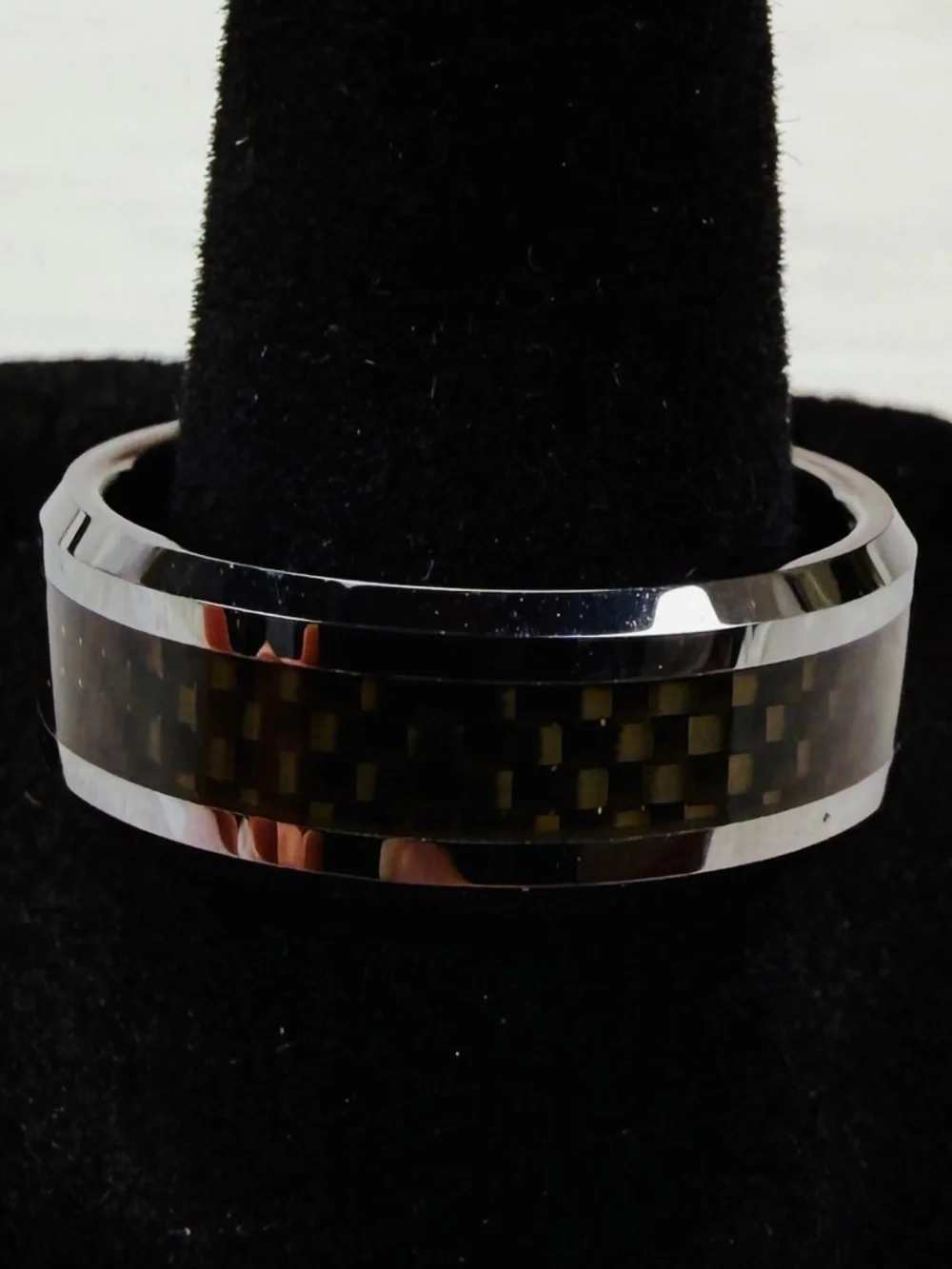 Men's silvertone Black Carbon Fiber Ring sz 9 1/2